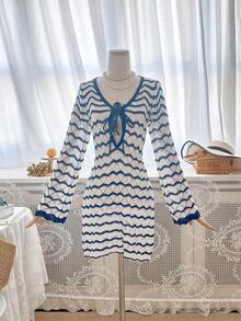 Vestido de punto minimalista y elegante para mujer, de estilo bohemio, adecuado para vacaciones, fiestas en la playa, festivales de música, salidas, vacaciones y citas.Nuevo para primavera/verano, con un diseño atrevido y sexy de corte ajustado. - Azul y blanco - Ver 9