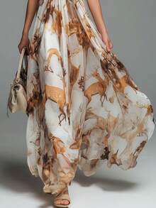 Vestido nuevo para mujer, de estampado, estilo casual, cuello halter, sin mangas, escote en V, diseño fresco, favorecedor, perfecto para looks de día, vacaciones, paseos y ocasiones informales - Marrón - Ver 5