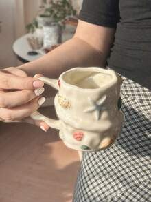 300ml Creative Summer Shell Embossed Ceramic Coffee Cup And Inspirational Decor Set/Single Item, Pure Handmade Hand-Painted Ceramic Mug, Cute Niche Drinking Cup, Latte Art Cup, Girly Gift Cup, Vintage 3D Hand-Painted Casual Cup, Starfish Shell Asymmetrical Ceramic Mug, Creative Tea Cup - Multicolor - View 6