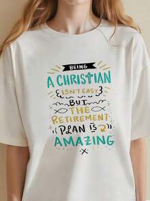 1 pcsWomen'S Funny Christian Retirement Plan T-Shirt - Soft Stretch 100% Oversized Comfort Fit, Humorous Faith-Based Retirement Age Design With Colorful Lettering & Bible Verse (Psalm 23 1-2), Machine180g Algodón 100% - Negro 1 - Ver 9