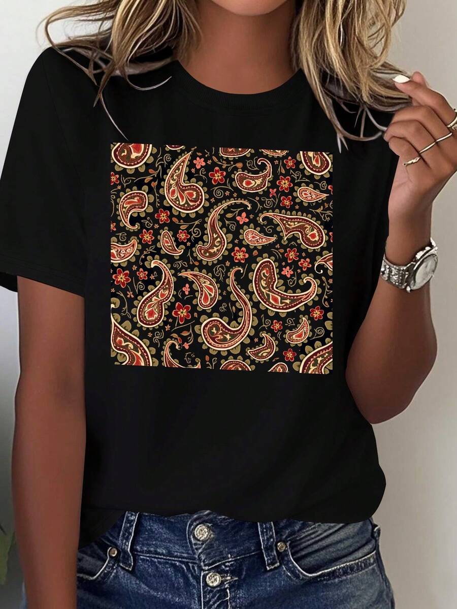 Camiseta cómoda de color sólido con estampado floral de paisley brillante para mujer, blusas para mujer - Negro - Ver 1