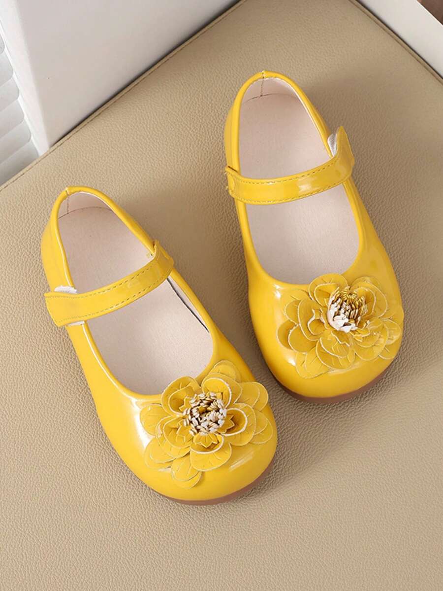 1 Pair Girls' Cute Solid Color Floral PU Hook And Loop Leather Shoes, Suitable For Daily, School, Party, Wedding, All Seasons