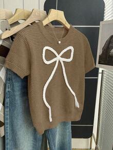 2026Franclia New Women's Sweet And Cute Pink Casual Knit Sweater With Bow, Short Sleeve Baby Pink Bow Blouse For Spring/Summer, Cute Knit Blouses With Bow For Women - 駝色 - 查看 5