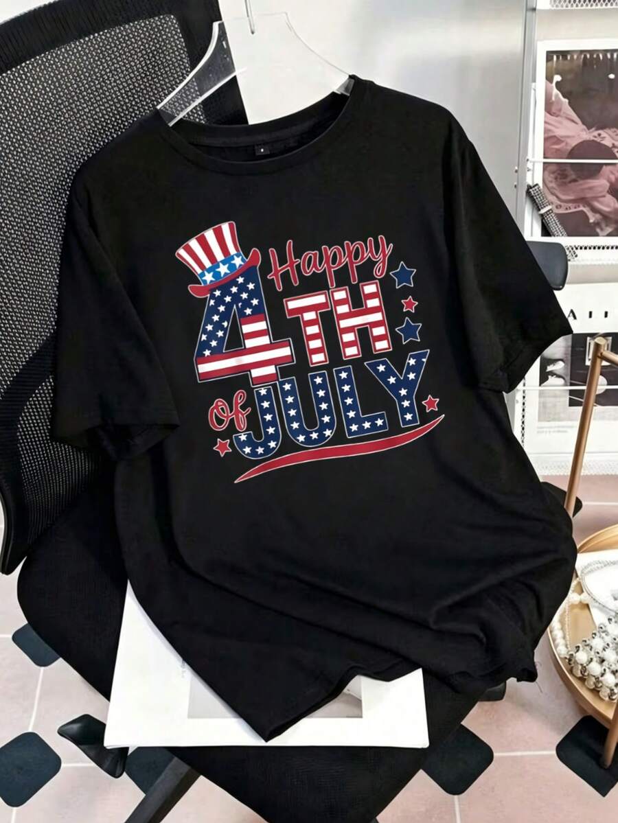MPLSL|Camiseta de moda de Milán con estampado, blusa casual de mujer de manga corta y cuello redondo para primavera y verano|Camiseta con estampado de Feliz 4 de Julio - Negro - Ver 1