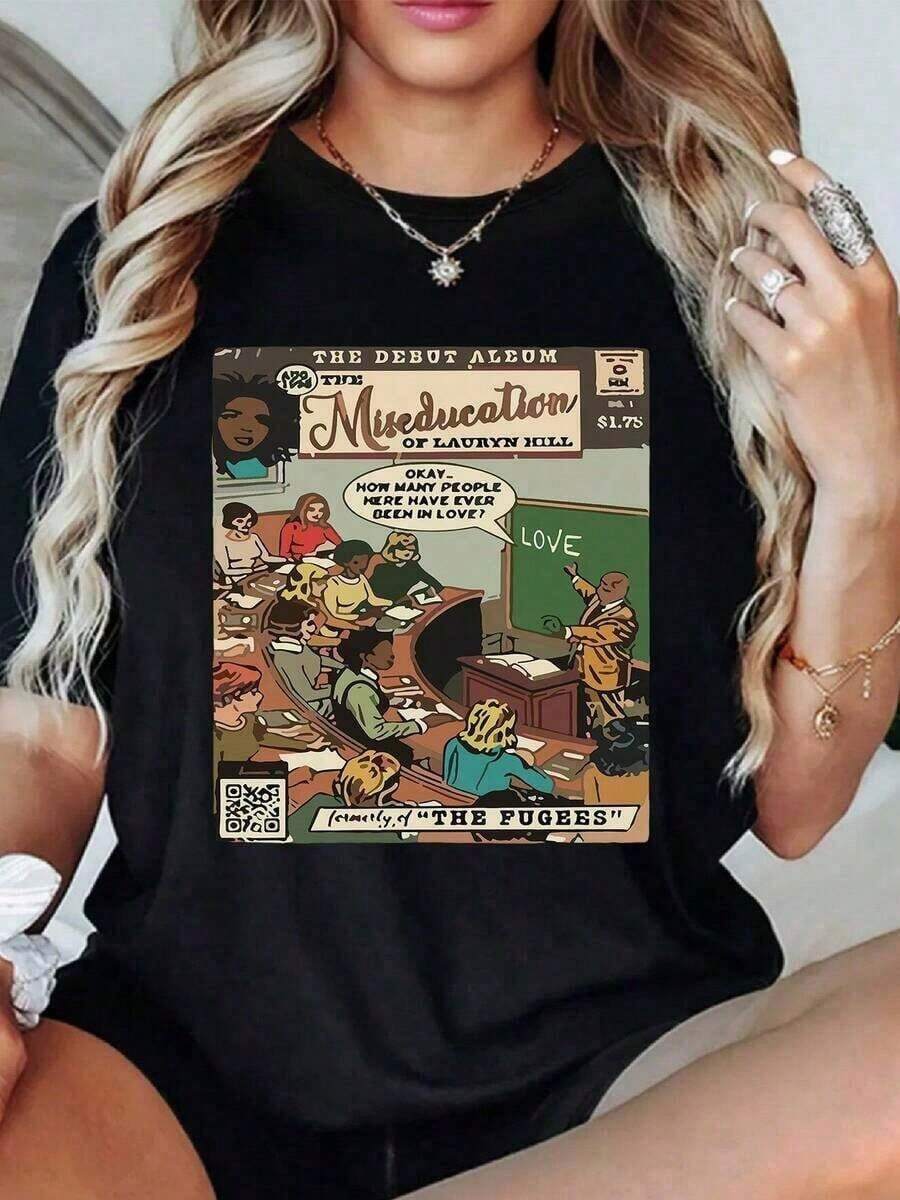 Camiseta Casual de 1 Pieza para Mujer, Estampado Gráfico de Lauryn Hill Miseducation, 100% Algodón, Cuello Redondo, Estilo Vintage de Cómic, Camisetas de Algodón Casuales para Uso Diario - Negro - Ver 1