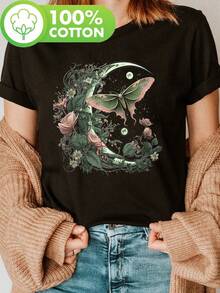 Short-Sleeved T-Shirt With A Round Neck And A Print Of Pink And Green Butterflies And Floral Moons, A Casual Top For Summer And Spring, Women's Clothing. Elegant Party Outfit, T-Shirt For Elegant Ladies, Blouses Suitable For Curvy Women, Prom Skirts, Casual Wear. Adorable Animal Print, Fun Letter Print. - 黑色 - 查看 7