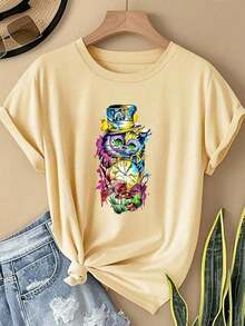 1 Piece Of Casual Fashion For Men And Official Women's T-Shirt - "Alice's Dreamland" Design, Short Sleeves, Round Neck, Casual Style Suitable For Spring And Summer, Soft And Breathable Fabric, Ideal For Themed Events And Everyday Wear. Versatile, Easy To Match, For Daily Wear, Urban Style, Vacation Wear, Weekend Wear. - 杏 - 查看 6