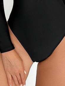 2026 Swim SPRTY Women's Minimalist Solid Color One-Piece Swimsuit With Zipper Closure, Suitable For Spring/Autumn Beach Vacation - 黑色 - 查看 4