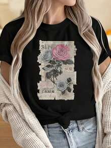 Women's And Men's Crew Neck Short Sleeve T-Shirts With Vintage Floral Rose And Newspaper Print, Casual Black T-Shirt With Romantic Rose Graphic Design And Text For Everyday Wear. Fun Prints Ideal For Christmas Parties, Sports Activities, Holiday Parties, Outings, Sports And Other Festive Gifts. - 黑色 - 查看 4