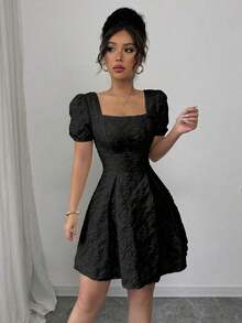 Vestido de mujer de manga abullonada y cuello cuadrado, de moda para el verano - Negro - Ver 5