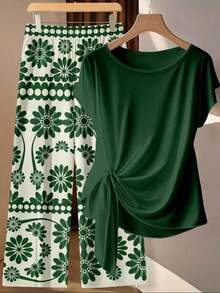 Conjunto casual de blusa plisada de unicolor y pantalones de pierna ancha con estampado floral para mujer - Multicolor - Ver 6