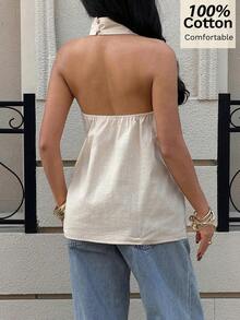 Top halter sin espalda con cruce en el pecho de estilo casual para mujer, de unicolor minimalista, adecuado para vacaciones de verano - Albaricoque - Ver 2