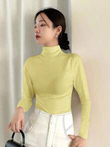 Camiseta de mujer de cuello alto de color liso para el verano - Amarillo - Ver 4