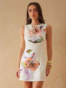 Vestido mini elegante de mujer con cuello redondo, ajustado, sin mangas y con decoración floral 3D - Blanco - Ver 4