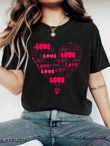 Trendy1 Paquete De  Camiseta Con Cuello Redondo Para Mujer Con Estampado Del Día De San Valentín - Cuello Redondo De Punto De Poliéster Casual - Camiseta Ligera Y Transpirable Para Todas Las Esta Round Neck Printed Short Sleeve Casual Everyday T-Shirt, They Are Excellent Gifts For Friends And Family,100% Cotton T-Shirts Feature, A Youthful And Fashionable DesignEveryday Wear - Negro - Ver 6