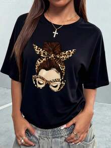 Mexican Basic Women's Summer Loose Fit Crew Neck Short Sleeve T-Shirt With Simple Slogan Print, Casual Vacation Style. Fashionable Blouse Suitable For Everyday Wear And Vacations. New Release - 黑色 - 查看 7