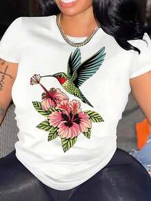 Casual T-Shirt With Hummingbird And Hibiscus Flower Print, Summer Nature Theme, Women's Casual Clothing For Outdoor Activities, Beach Vacation Style, For Women - 白色 - 查看 6