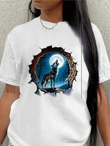 Camiseta de manga corta, decorada con un lobo ulcando a la luna, ligera y duradera, adecuada para uso casual en casa, al aire libre o en restaurantes, cómoda y bien ajustada para el uso diario.blusa casual mujer - Blanco - Ver 7