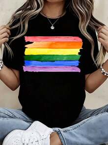 Rainbow Print T-Shirt, Casual Sporty Style For Everyday Wear - Vintage Urban Style, Unisex, Loose Fit, Cotton, Short Sleeve, Round Neck, 100% Cotton - 黑色 - 查看 1