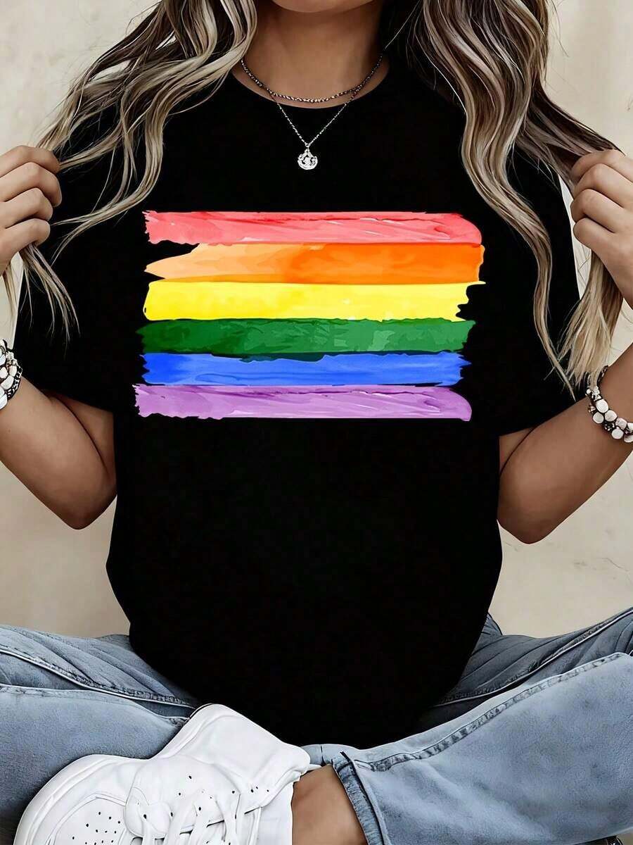 Rainbow Print T-Shirt, Casual Sporty Style For Everyday Wear - Vintage Urban Style, Unisex, Loose Fit, Cotton, Short Sleeve, Round Neck, 100% Cotton - 黑色 - 查看 1