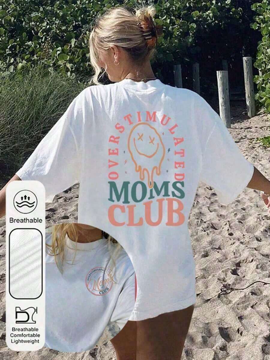 Women's Summer T-Shirts With A 'Mom Club' Graphic Print, Crew Neck, Short Sleeves, Simple Casual Style For Everyday Wear, In Black, Plus Sizes. Graphic Print T-Shirts For Mom's Birthday, Fun Prints For Mom, Women's Summer Clothes, Summer T-Shirts With Face And Letter Prints. - 白色 - 查看 1