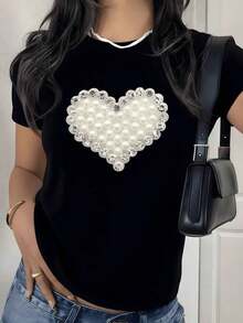 Camiseta con Estampado Gráfico de Corazón y Perlas de Imitación, 180g, 1 Pieza, Camiseta Casual de Mujer con Corazón Decorado, 100% Algodón, Estilo Chic y a la Moda - Negro - Ver 9