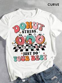 Camiseta Estampada De Rosquilla De Caricatura, De Manga Corta Y Cuello Redondo, Casual Para El Verano Y La Primavera, Ropa De Mujer - Blanco - Ver 2