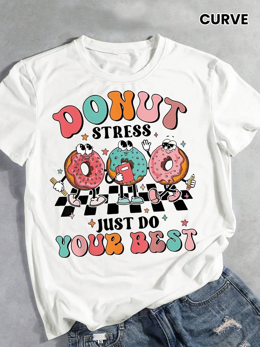 Camiseta Estampada De Rosquilla De Caricatura, De Manga Corta Y Cuello Redondo, Casual Para El Verano Y La Primavera, Ropa De Mujer