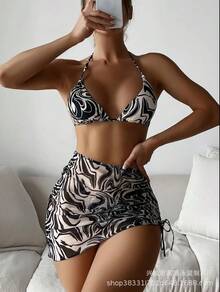 Nuevo traje de baño de tres piezas para mujer, sexy, a rayas, estampado multicolor. - Patrón 3 - Ver 3