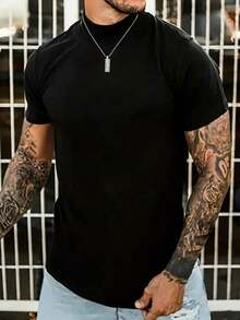 Men's Solid Color Short Sleeve T-Shirt, Comfortable, Breathable, For Summer. - BLACK AND RED - View 4