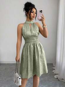 Raffinéa Vestido corto elegante y delicado de mujer con escote halter y cintura calada en forma de A, adecuado para salidas y citas, primavera/verano - Blanco - Ver 5