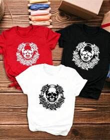 Camiseta de mujer 3 piezas/set de camisetas de manga suitable for streetwear, Top oversized cuello redondo daily outings, camping, concerts, hip-hop, rock, and rap events de camiseta casual manga corta para mujer, camiseta con estampado de calaveras y corona de rosas, camiseta de mujer de manga corta con cuello redondo, top deportivo casual transpirable de algodón puro, regalo para vacaciones, mariposa de primavera, Pascua. - Negro - Ver 1