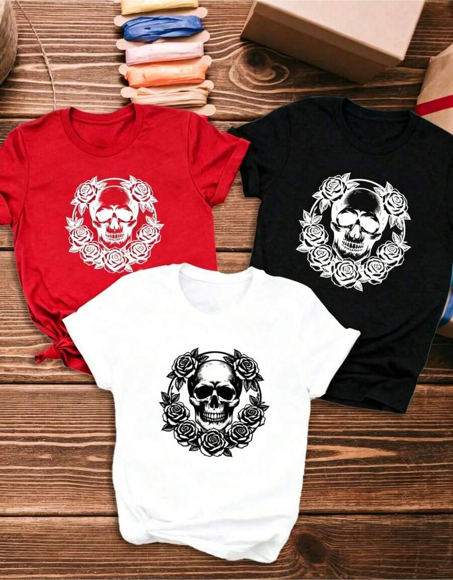 Camiseta de mujer 3 piezas/set de camisetas de manga suitable for streetwear, Top oversized cuello redondo daily outings, camping, concerts, hip-hop, rock, and rap events de camiseta casual manga corta para mujer, camiseta con estampado de calaveras y corona de rosas, camiseta de mujer de manga corta con cuello redondo, top deportivo casual transpirable de algodón puro, regalo para vacaciones, mariposa de primavera, Pascua. - Negro - Ver 1