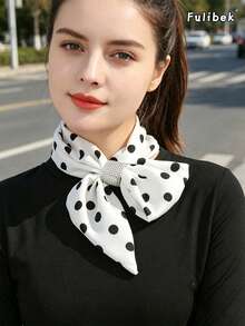 1pc New Rhinestone Decor Women Scarf, Versatile Neckerchief, Fashion Neck Warmer Suitable For Daily Wear - Polka Dot White - View 3