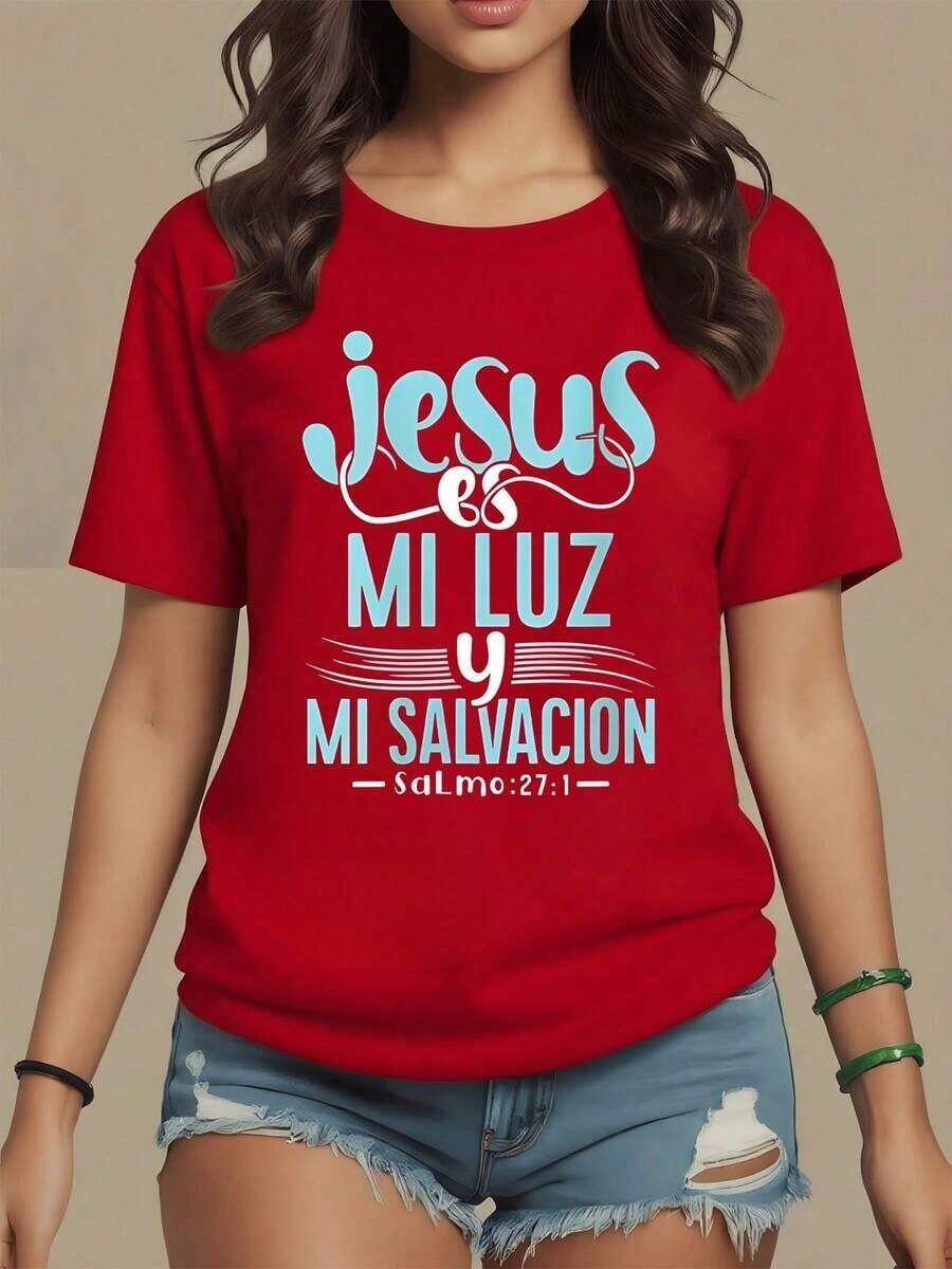 ComfortableFrase inspiradora que expresa fe y esperanza con palabras que recuerdan que la luz divina guía cada paso y ofrece salvación camiseta de mujer 100% algodón cómoda y moderna para uso diarioFashion All-match Women's Short Sleeve T-shirt, Basic Style for Inner & Outer Wear - Rojo - Ver 1