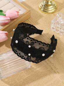 1pc Elegant Casual Black Faux Pearl Flower Mesh Headband Hairband - Black - View 6