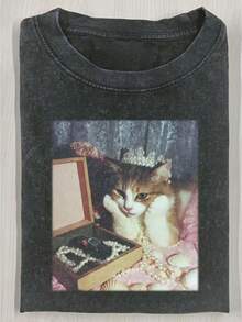 1 camiseta de mujer con estampado de princesa y gatito, camiseta de mujer de alta calidad con estampado batik vintage, un artículo popular para uso diario, regalo para las fiestas, regalo perfecto para mujeres, 180g 100% algodón. - Negro - Ver 6