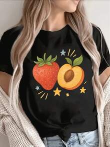 Camiseta casual de manga corta para mujer con estampado de fresas y melocotones - Camiseta de verano negra, ligera y transpirable, con bonitos diseños de frutas (fresas, melocotones, estrellas) - Camiseta casual de cuello redondo, adecuada para el hogar, la playa y los picnics - Lavable a máquina, de suave fibra de poliéster elástica para mujeres. - Negro - Ver 7
