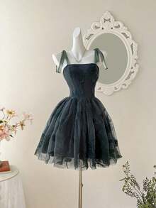 MOD Vestido estilo retro con estampado floral rosa y cinturón con lazo - Verde Oscuro - Ver 5