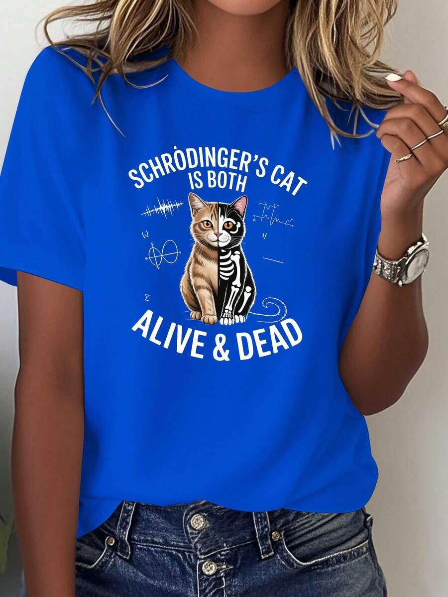 Una cómoda y versátil camiseta casual de manga corta para mujer, con un diseño estampado del gato Shulderning que muestra el tema de la vida y la muerte, confeccionada en tela de algodón puro. - Azul - Ver 1