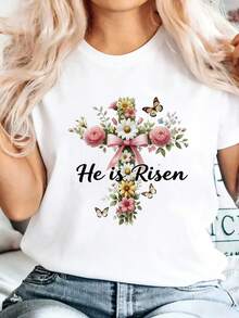 Camiseta de diseño simple y versátil con estampado floral en acuarela y la frase "Él ha resucitado", cómoda y elegante, suave y transpirable, de cuello redondo y manga corta para mujer, idea - Blanco - Ver 6