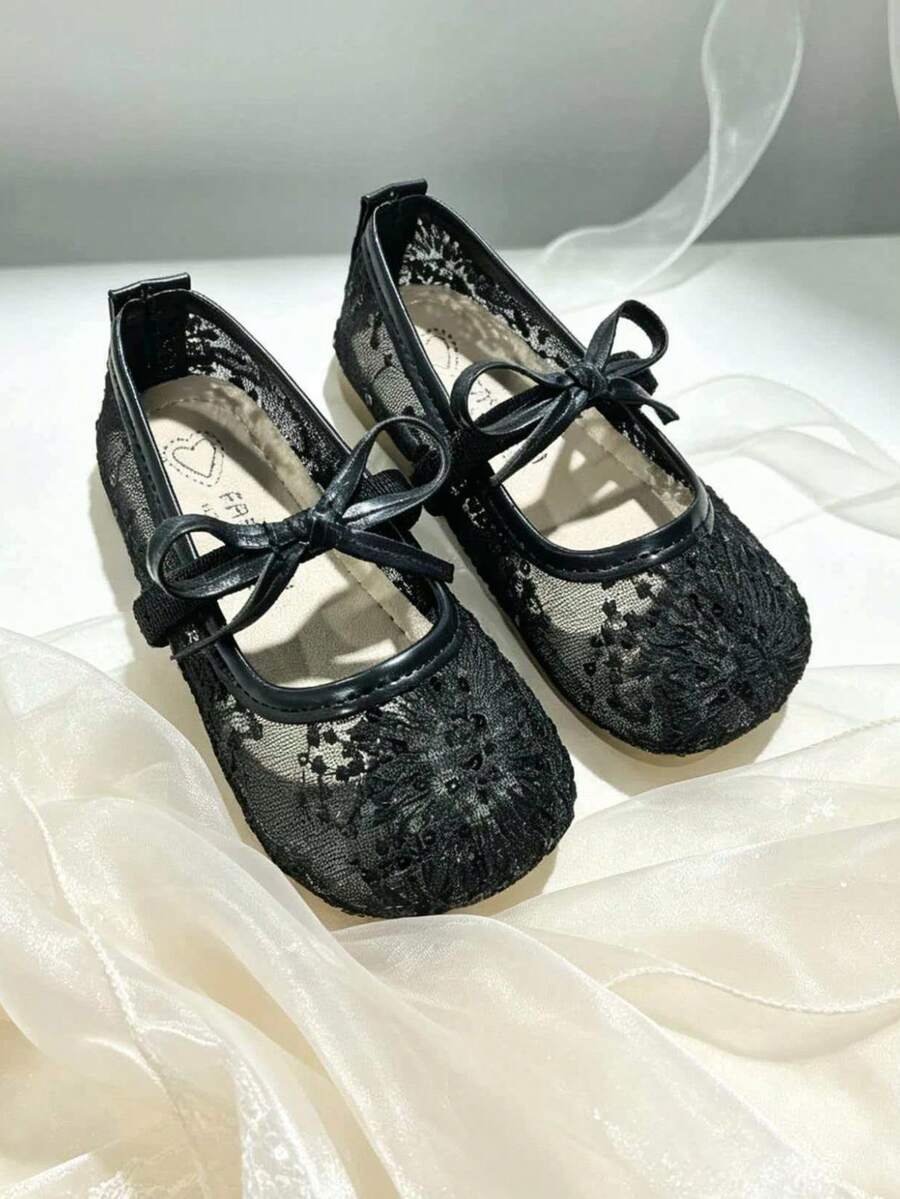 1雙女童蕾絲公主鞋,中式刺繡網面軟底鞋,兒童宴會刺繡舞鞋,適合3-12歲 - 黑色 - 查看 1