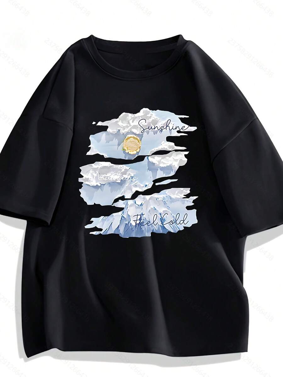 Camiseta % pura de verano con estampado de montaña nevada, de manga corta para mujer, cuello redondo, estilo coreano, holgada, estilo universitario, urbana, casual, versátil - Negro - Ver 1