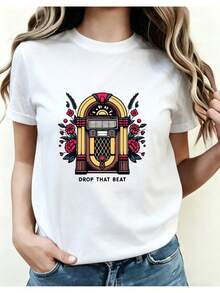 Vintage Turntable Print Crew Neck T-Shirt, Modern, Quick-Drying, Casual, Short Sleeve, Vintage And Fashionable Design, Comfortable And Breathable Polyester Fabric, Suitable For Casual Summer Wear, Style 01, Women's Printed Crew Neck Blouse, Casual Style For All Four Seasons. - 白色 - 查看 7