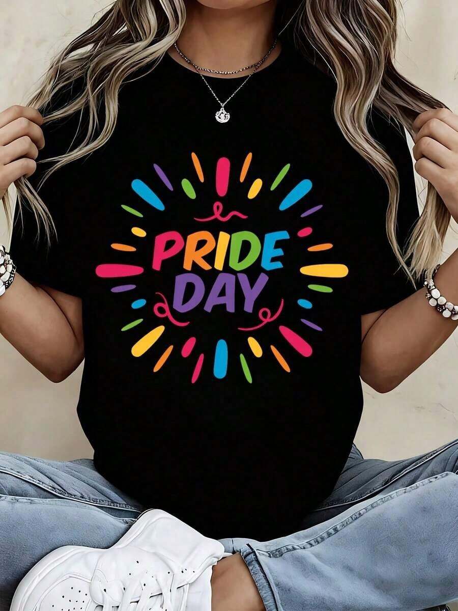 Pride Day T-Shirt With Rainbow Print, Casual Wear For Everyday Use And Sports Activities - Vintage Urban Style, Unisex, Cotton, Short Sleeve, Crew Neck, 100% Cotton - 黑色 - 查看 1