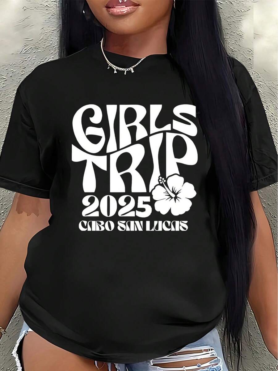 Camiseta Cabo San Lucas 2026, diseño estampado, ligera y duradera, adecuada para vacaciones en la playa, uso casual, salidas de verano, eventos de fiesta, ajuste cómodo, blusa casual de manga corta para mujer. - Negro - Ver 1