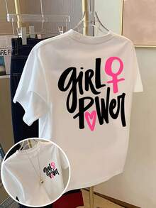 Camiseta de manga corta con estampado frontal y trasero - Estampado de moda "Girl Power, Women's Power" - Camiseta de mujer con estampado de moda para primavera/verano, artículo de moda, adecuada para citas de fin de semana, reuniones y viajes. Camisa elegante adecuada para fiestas. - Blanco - Ver 1