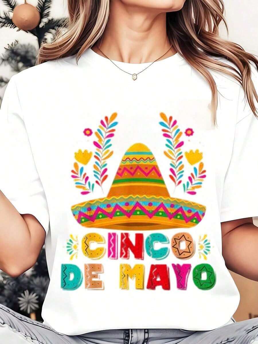 Colorful Sombrero And Flowers Print Cinco De Mayo Women Round Neck T Shirt For Festival Celebration 220gPlayera Holgada para Mujer - Blanco - Ver 1