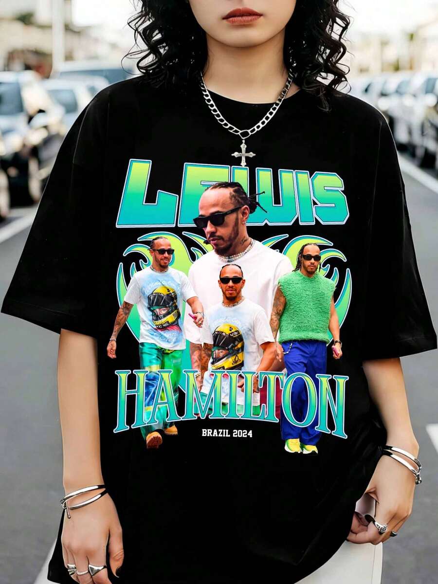 L-LewisS H-HamiltonS Casual T-Shirt With Collage Print For Fans - Black - View 1