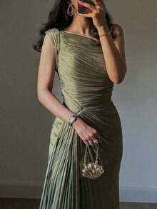 Spring And Autumn Women's Folded Ribbon Sparkling Evening DressLoose And Comfortable - Màu xanh Ô liu - Xem 5